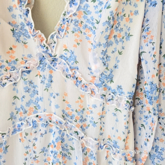 Floral Chiffon Open Back Cutout Ruffle Trim Semi-Sheer Long Sleeve Dress - Picture 7 of 15